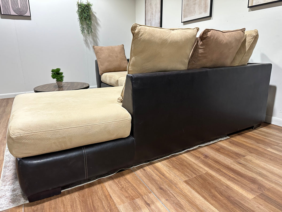 Brown Faux Leather Sectional with Tan Cushions