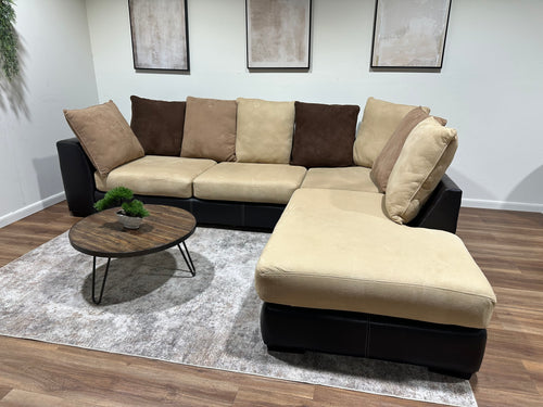 Brown Faux Leather Sectional with Tan Cushions