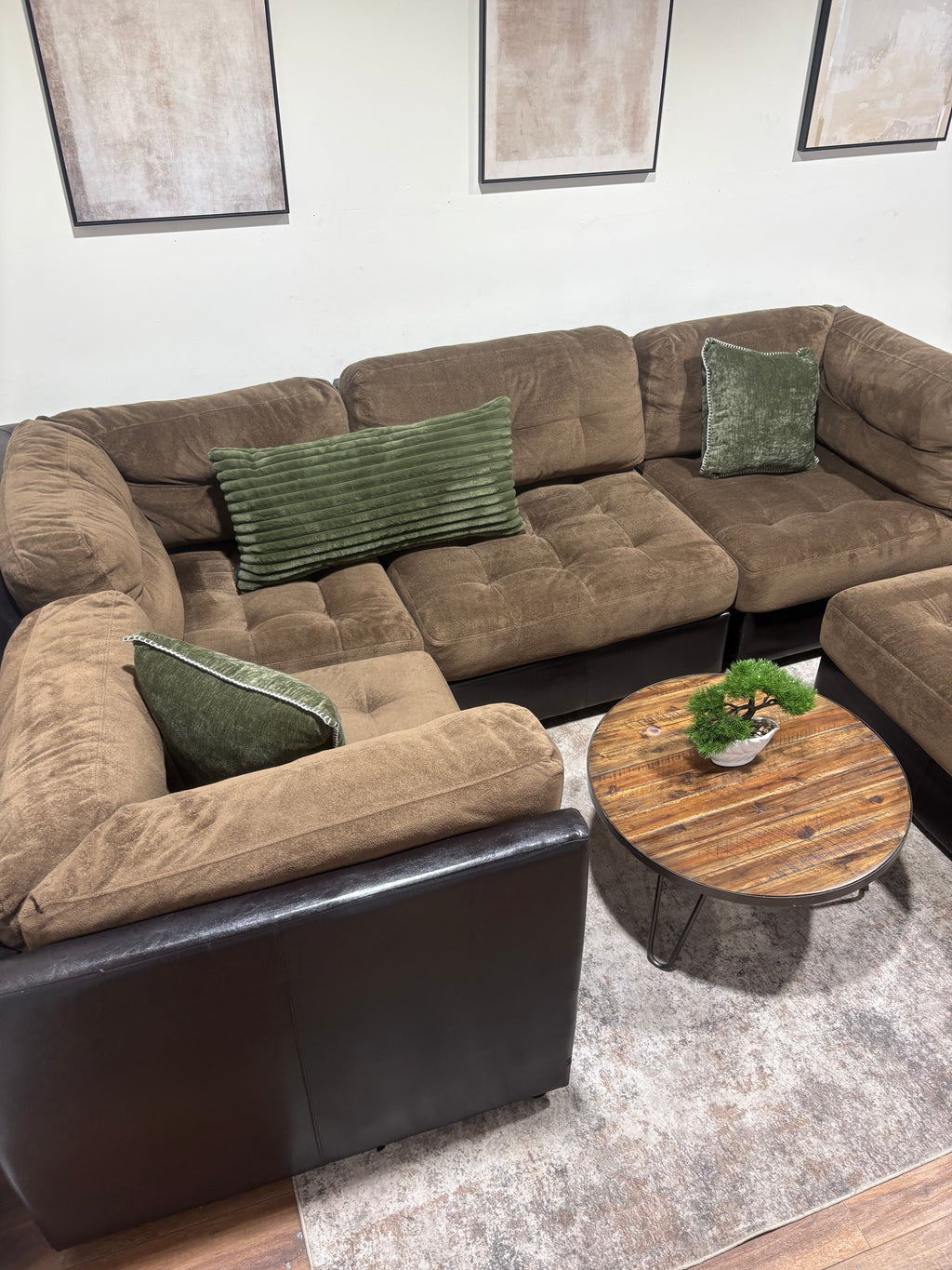 Brown Faux Leather Sectional with Fabric Cushions and Ottoman