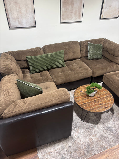 Brown Faux Leather Sectional with Fabric Cushions and Ottoman