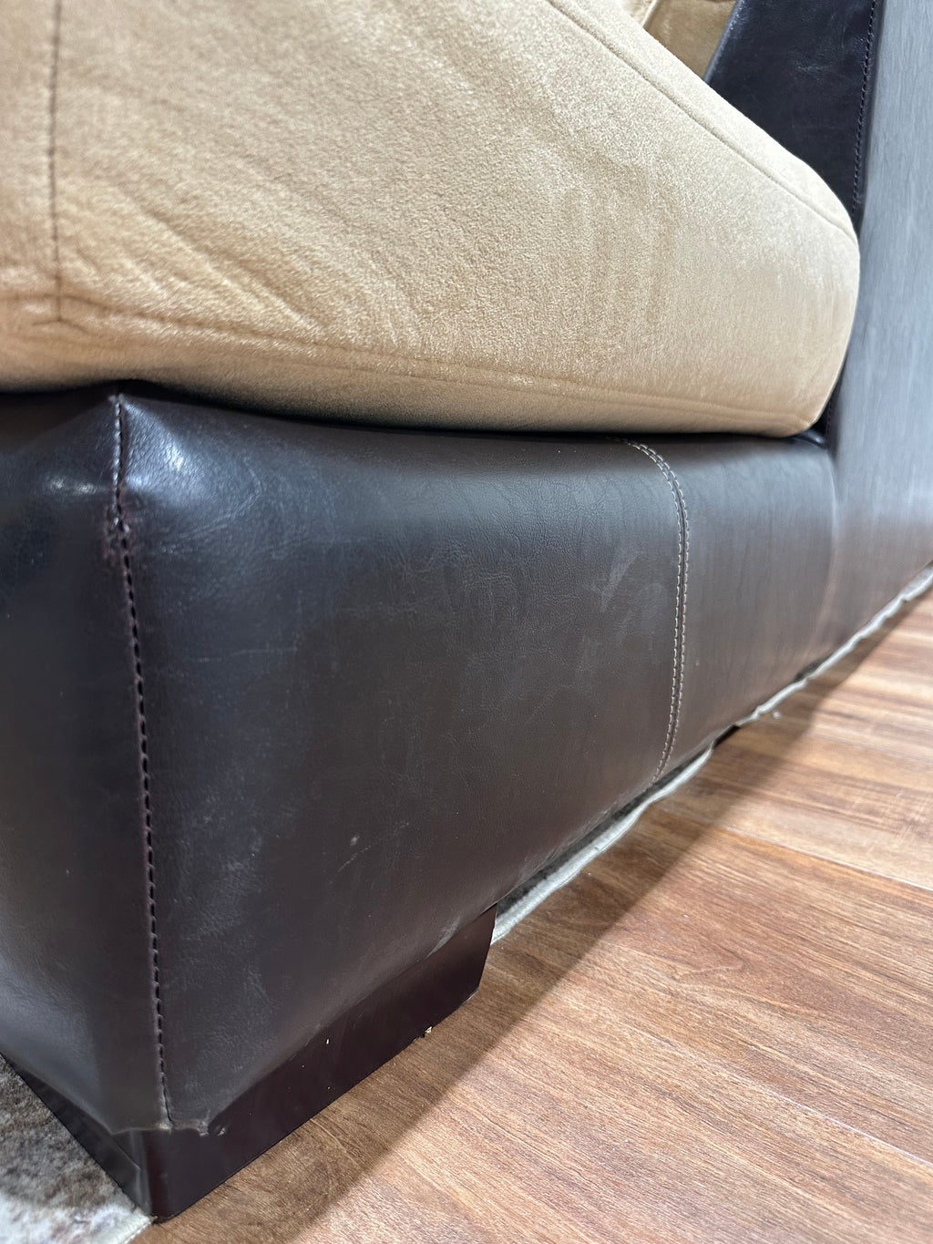 Brown Faux Leather Sectional with Tan Cushions