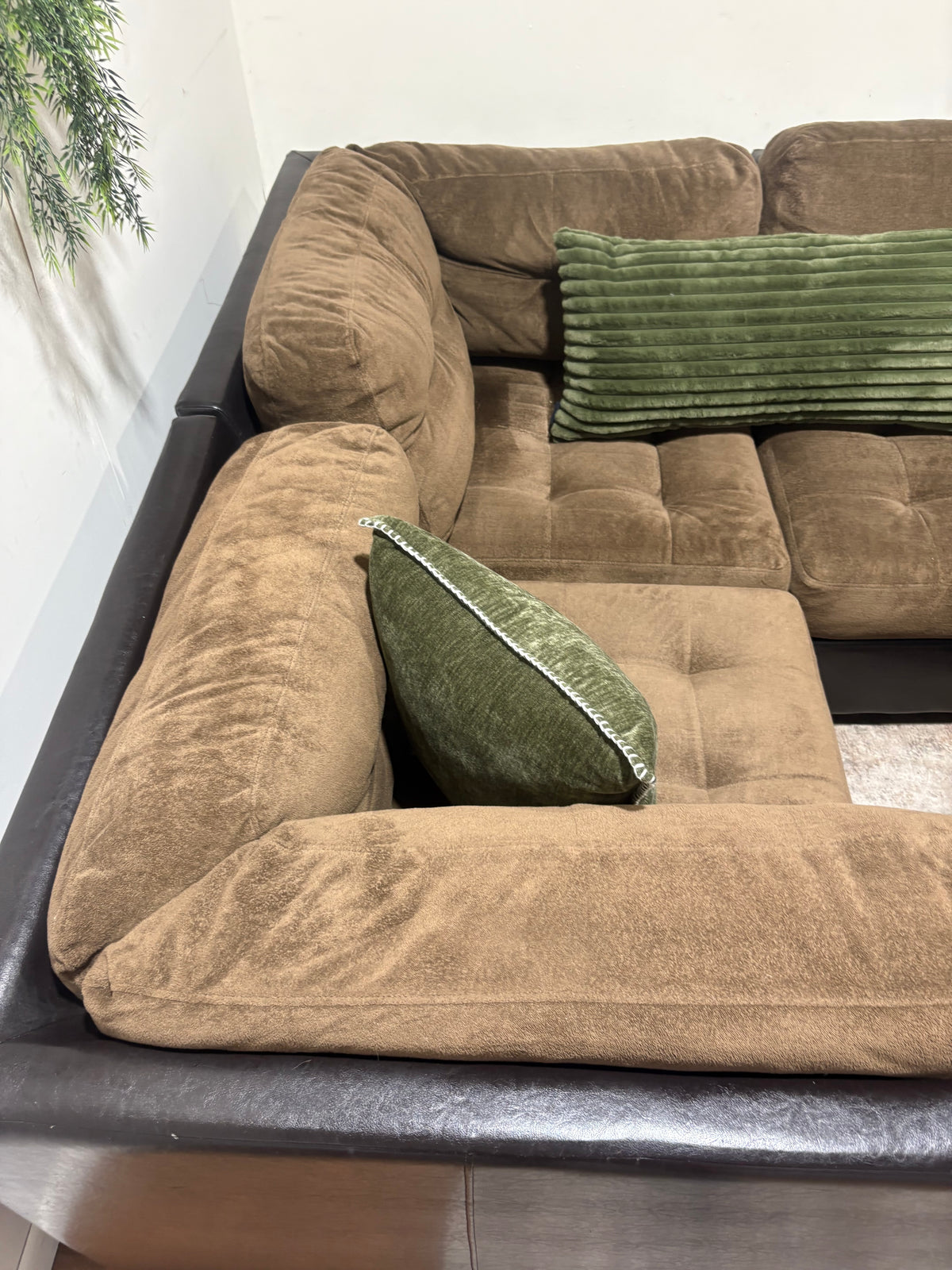 Brown Faux Leather Sectional with Fabric Cushions and Ottoman