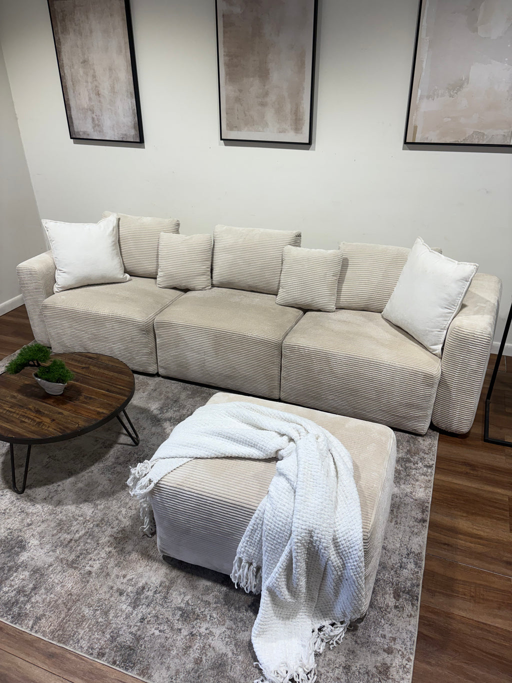 White Corduroy Couch with Ottoman