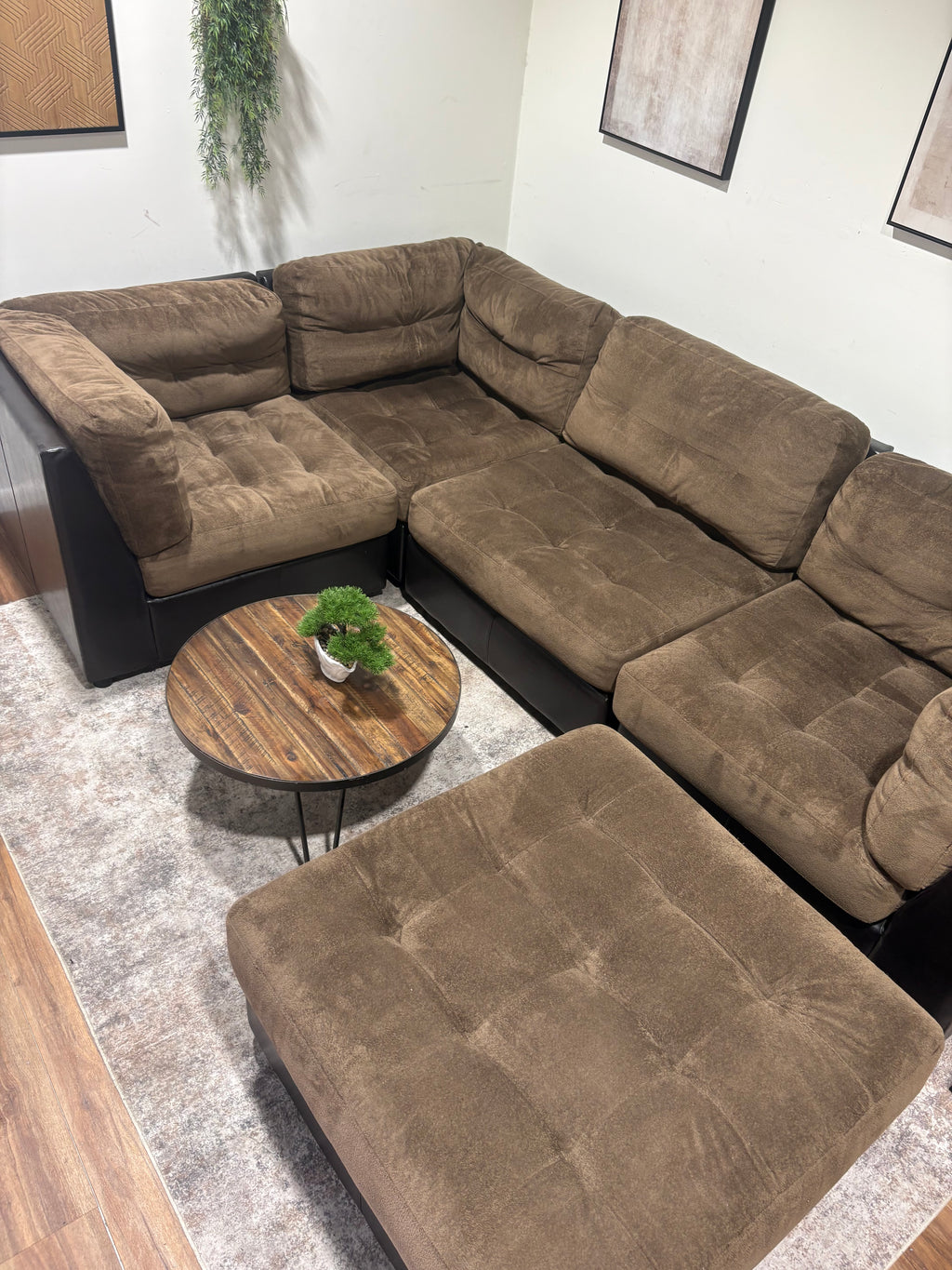 Brown Faux Leather Sectional with Fabric Cushions and Ottoman