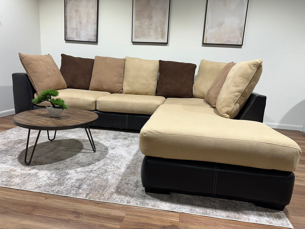 Brown Faux Leather Sectional with Tan Cushions