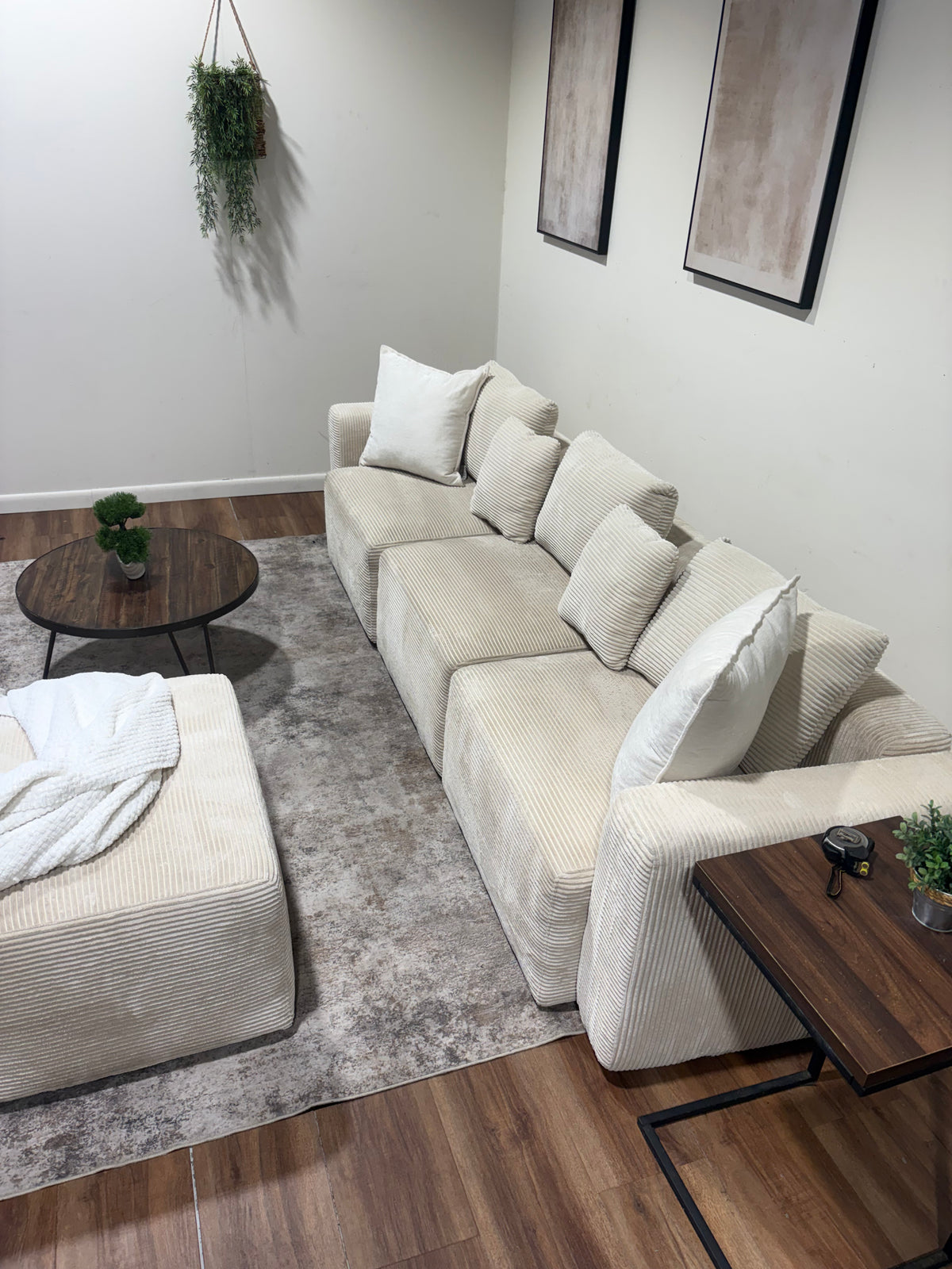 White Corduroy Couch with Ottoman