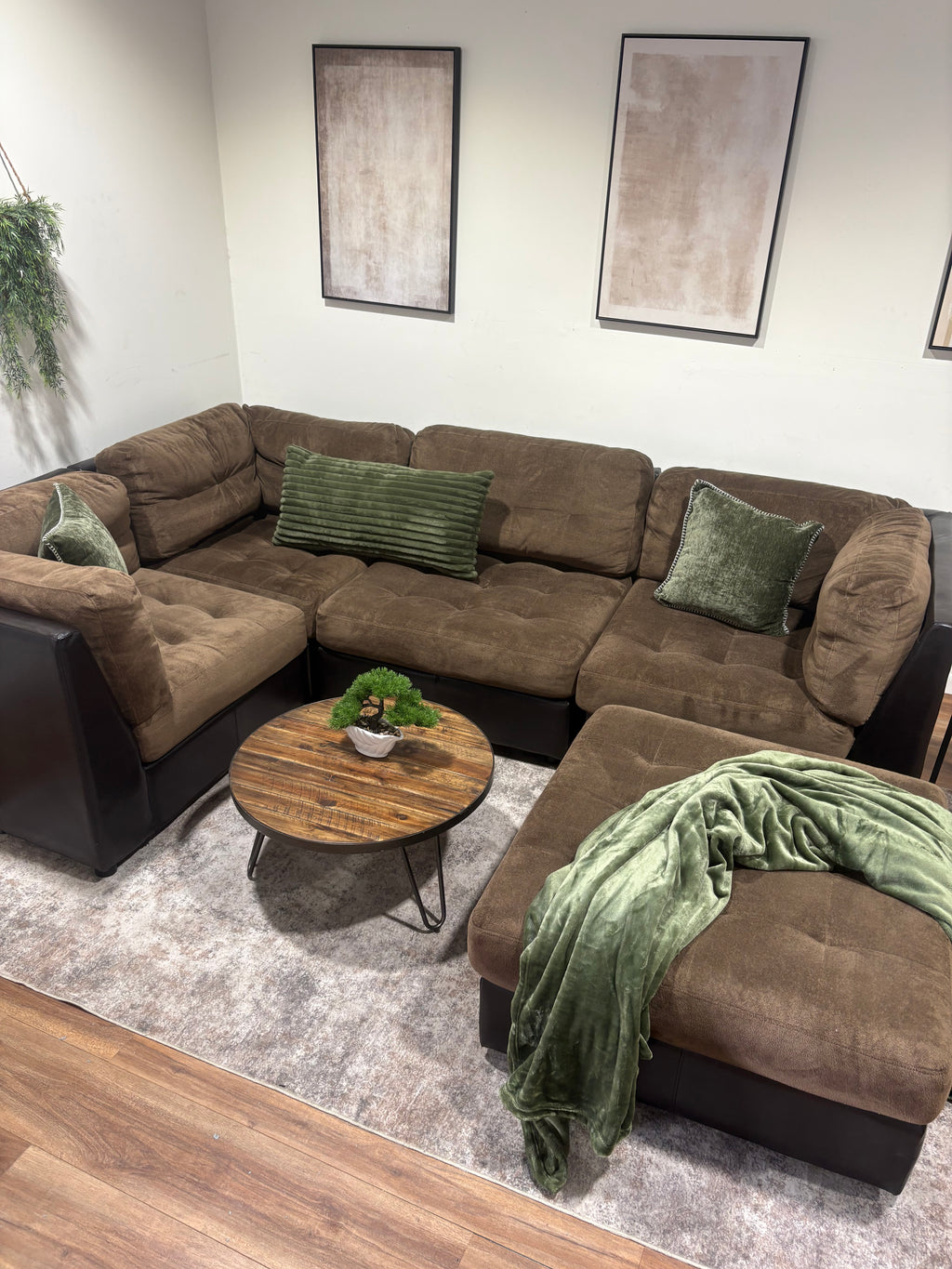 Brown Faux Leather Sectional with Fabric Cushions and Ottoman