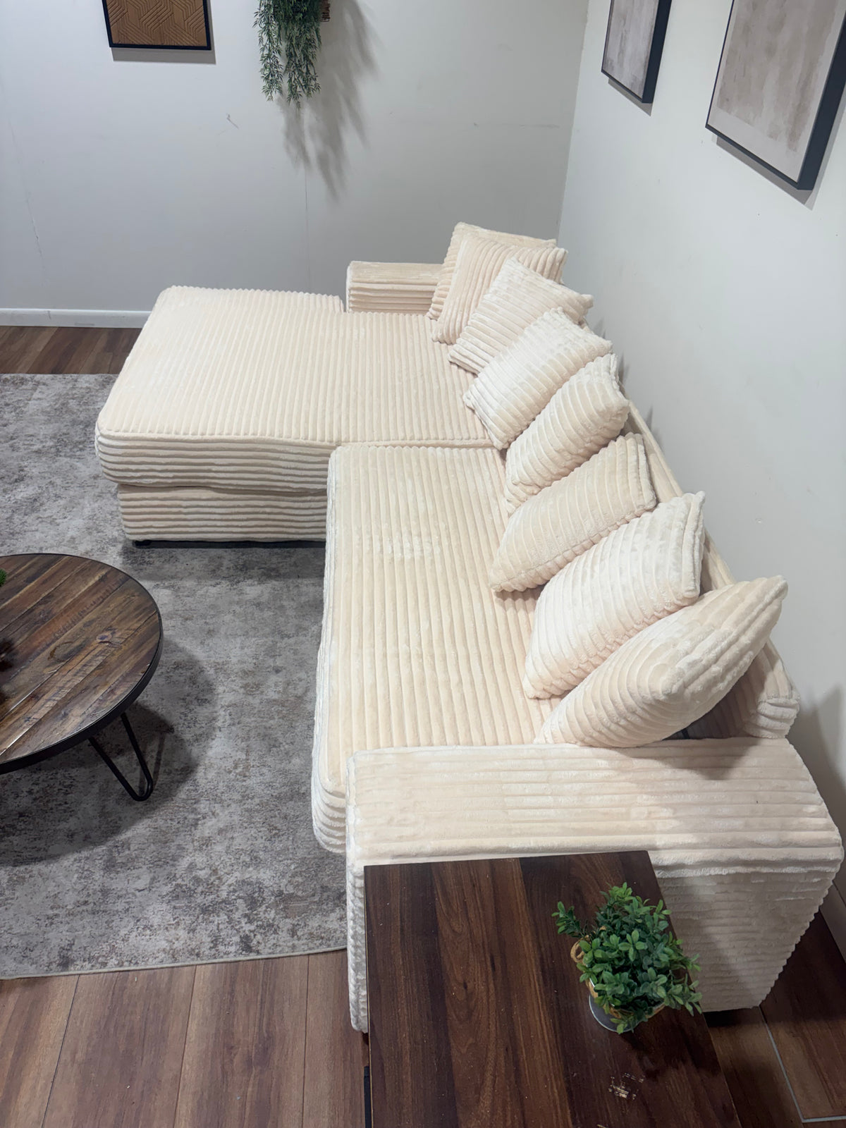 White Corduroy Left-L Sectional