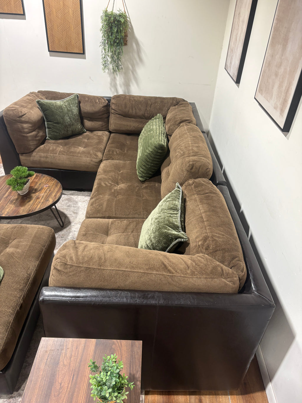 Brown Faux Leather Sectional with Fabric Cushions and Ottoman