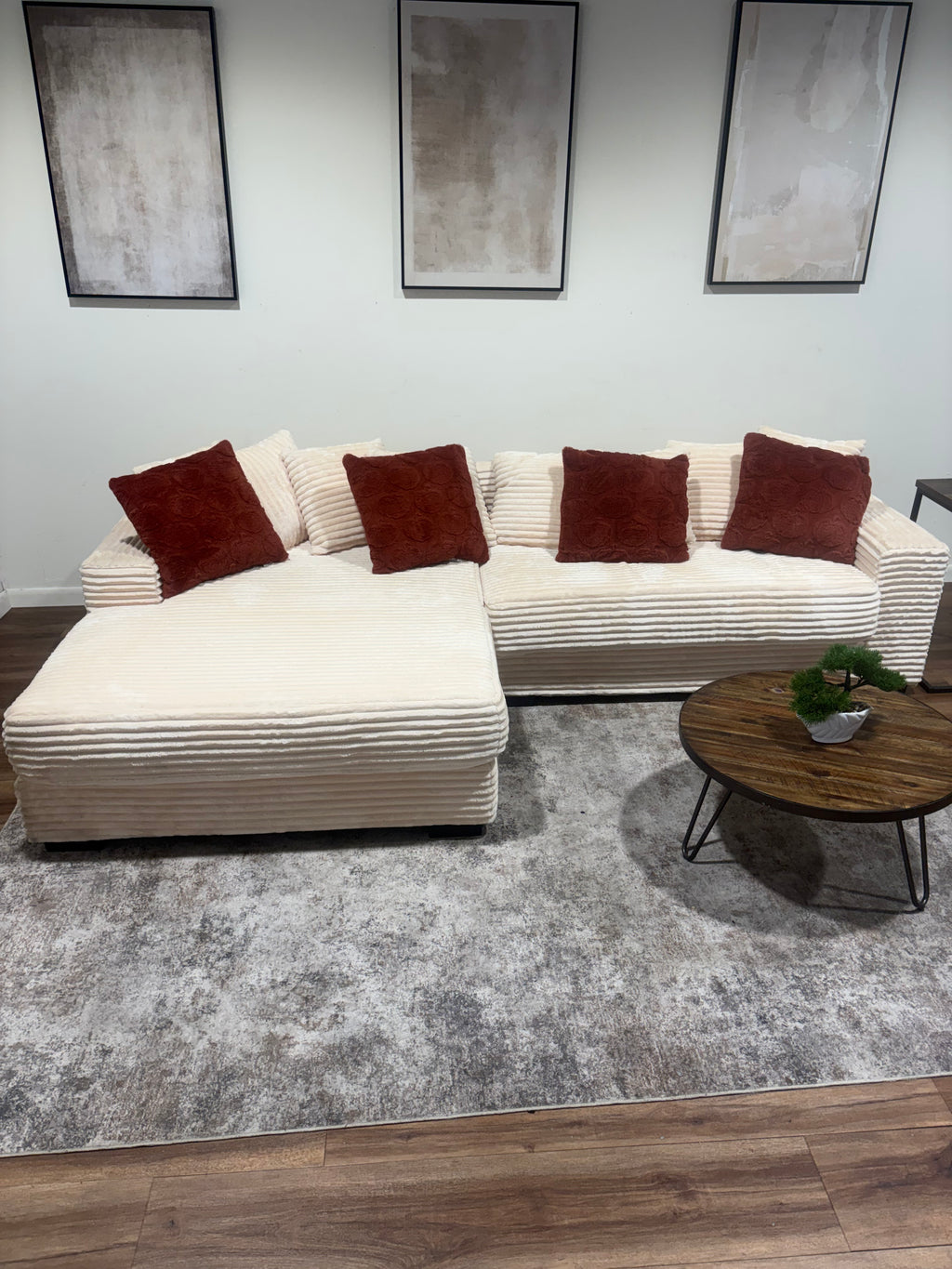 White Corduroy Left-L Sectional
