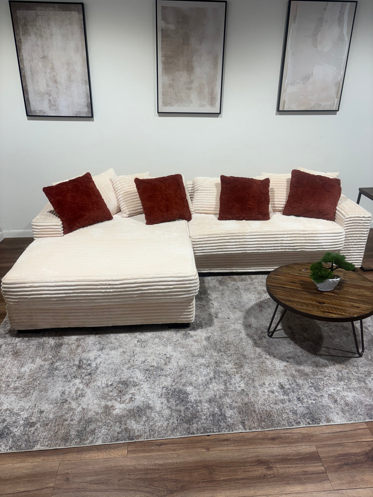 White Corduroy Left-L Sectional