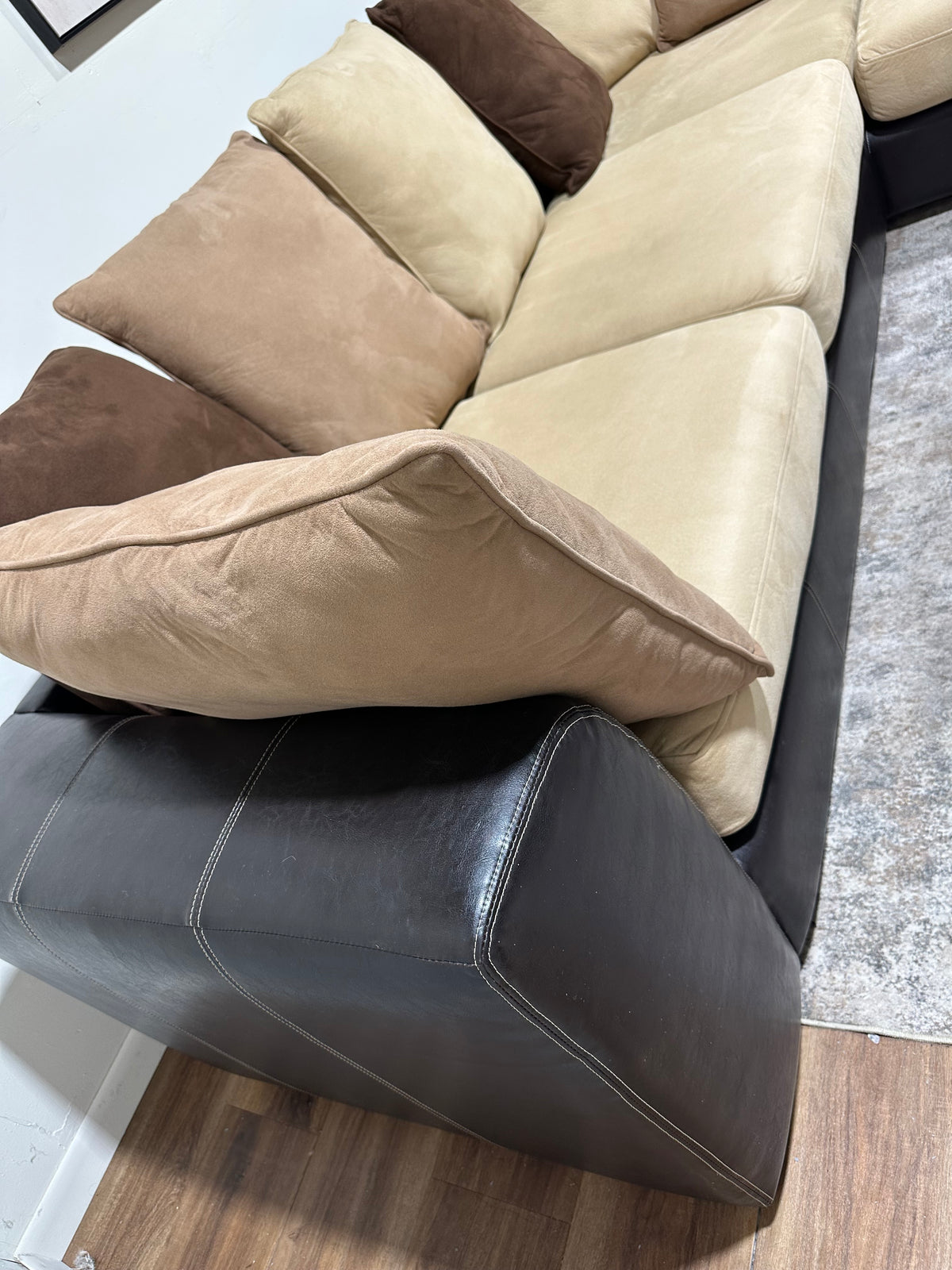 Brown Faux Leather Sectional with Tan Cushions